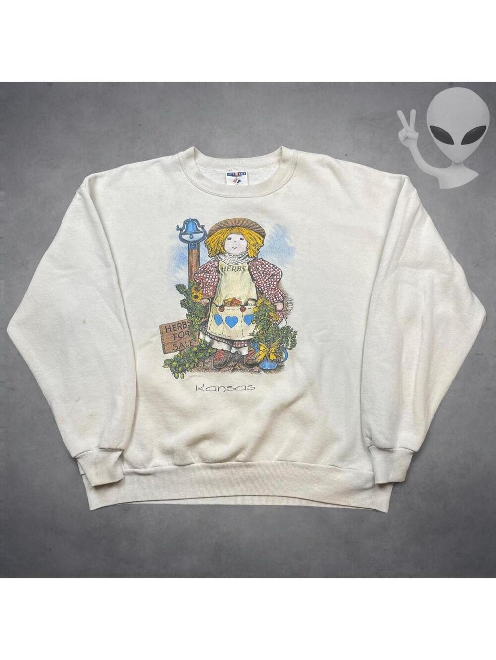 Vintage Jerzees 80s Kansas Herbs For Sale Rag Doll Graphic Sweatshirt White XL
